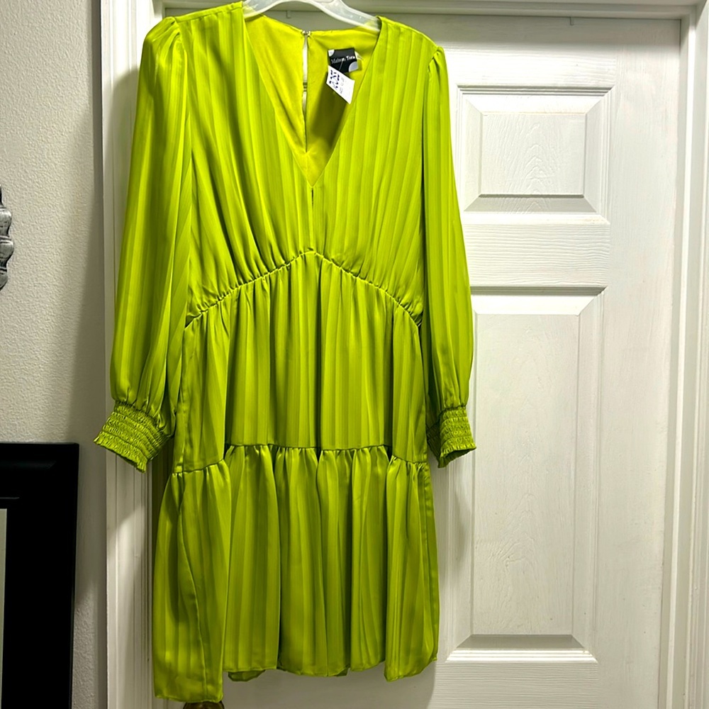 Adorable vibrant lime green dress with under slip and sheer stripes